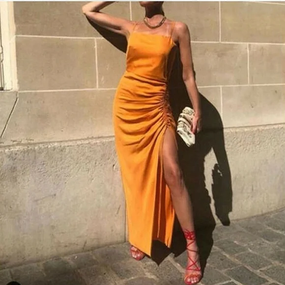 ZARA LONG SLIT DRESS ORANGE RUCHED SIZE XS - Picture 1 of 14